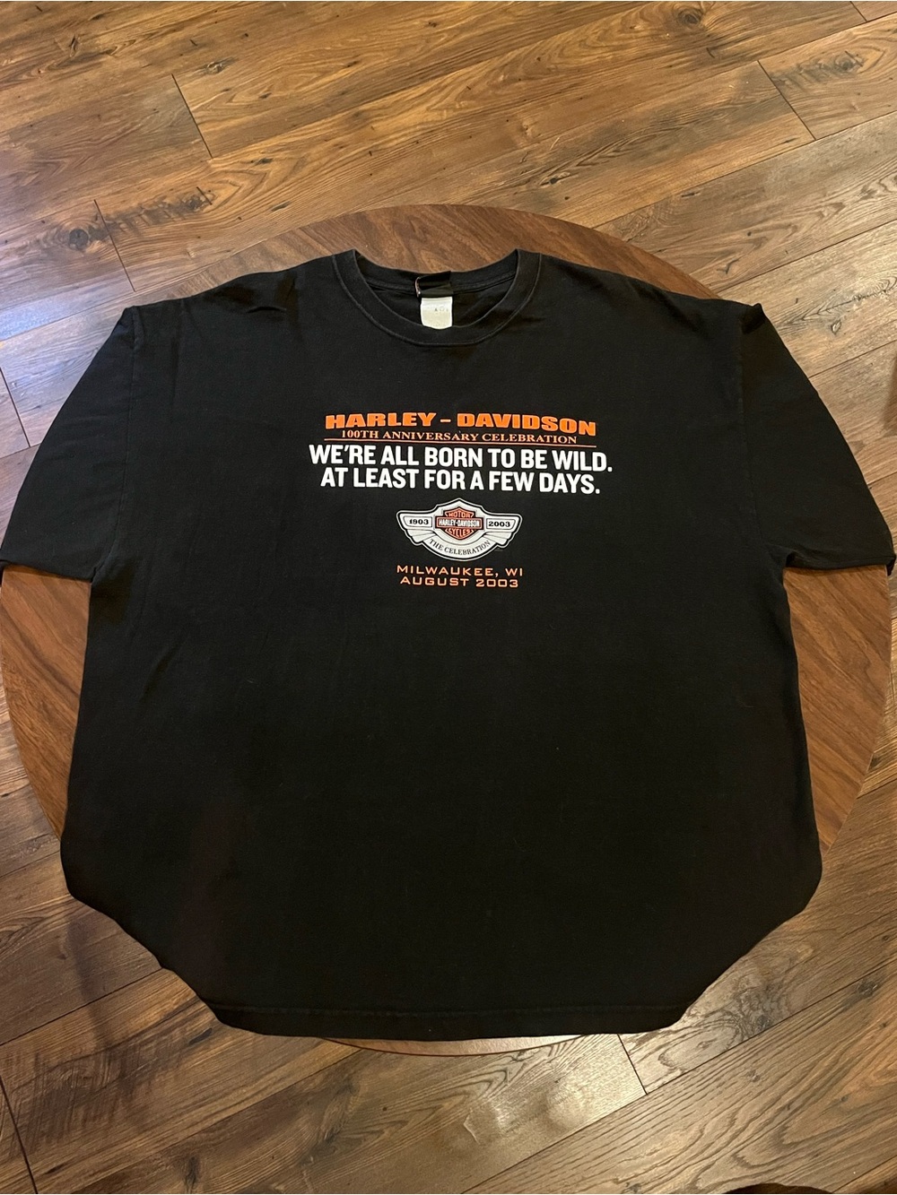 Harley-Davidson Black Tee with Orange & White Chest Graphic